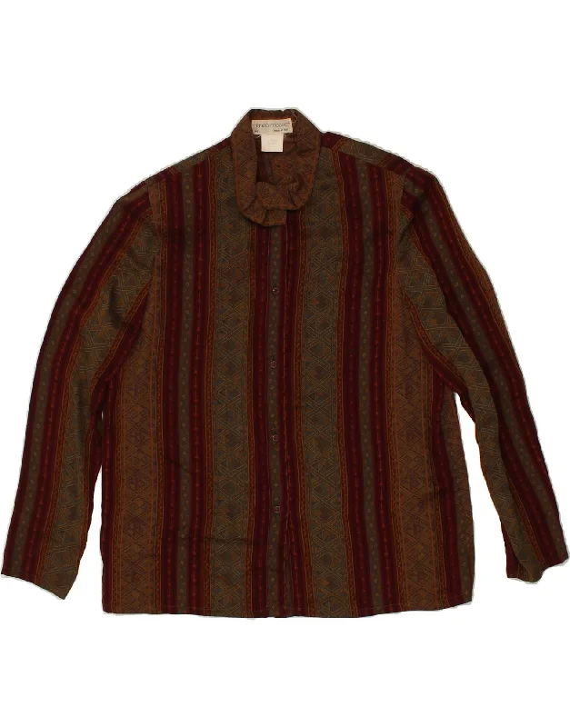 VINTAGE Womens Shirt IT 46 Large Brown Striped Viscose Chic Embellished Short Sleeve VINTAGE Womens Shirt IT 46 Large Brown Striped Viscose Chic Embellished Short Sleeve