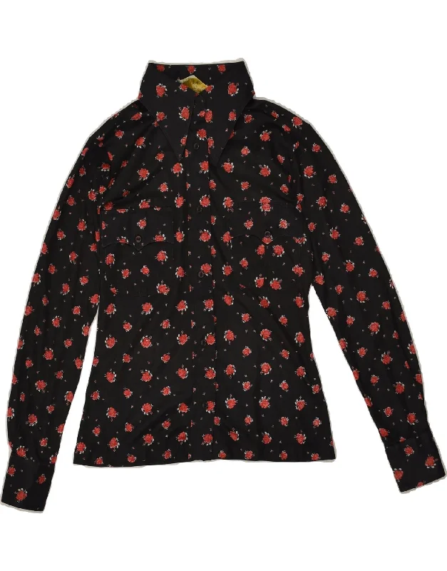 VINTAGE Womens Shirt UK 10 Small Black Floral Polyester Cozy Summer Short Shirt