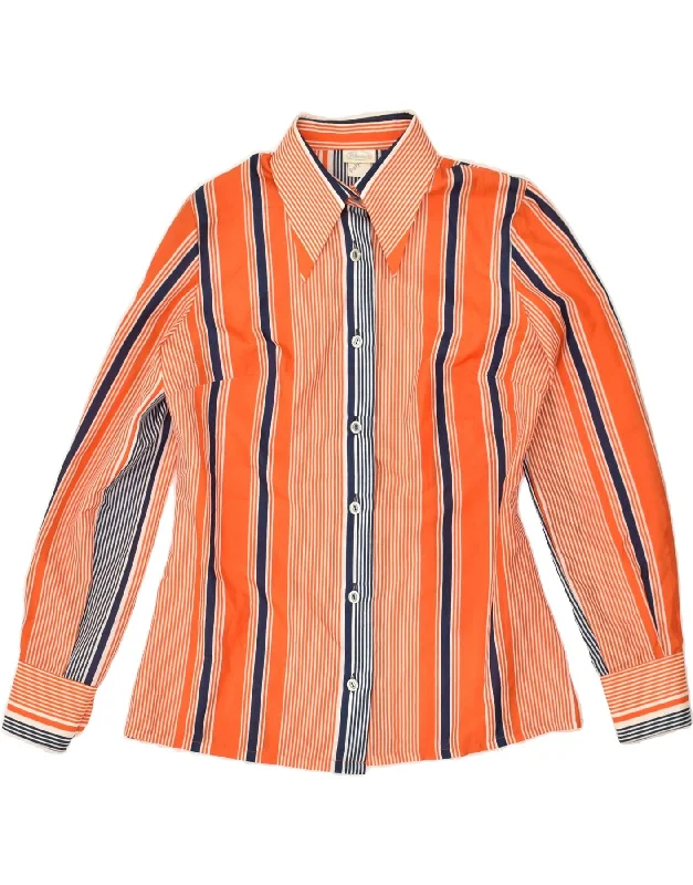 VINTAGE Womens Shirt UK 12 Medium Orange Striped Polyester Elegant Longline Short Shirt VINTAGE Womens Shirt UK 12 Medium Orange Striped Polyester Elegant Longline Short Shirt