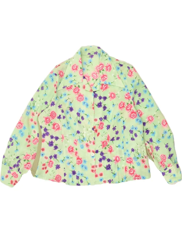 VINTAGE Womens Shirt UK 18 XL Green Floral Modern Short Sleeve Top