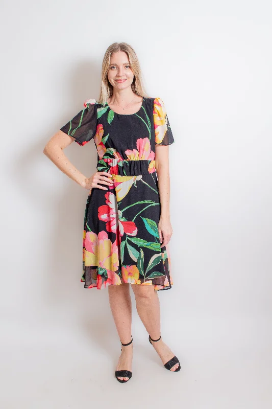 Black & Floral Midi Dress Comfortable Ribbed Midi Dress