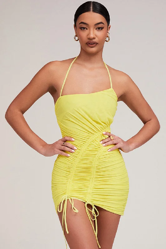 Asymmetric Drawstring Ruched Mesh Bodycon Mini Dress - Yellow Cozy Ruched Mini Dress Asymmetric Drawstring Ruched Mesh Bodycon Mini Dress - Yellow Cozy Ruched Mini Dress
