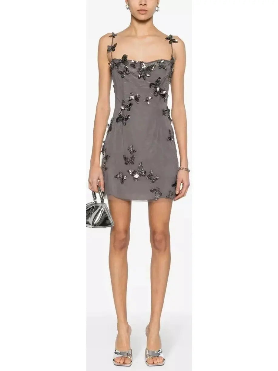 Backless Butterfly-Sequin-Applique Mesh-Overlay Mini Dress Cozy T-Shirt Mini Dress