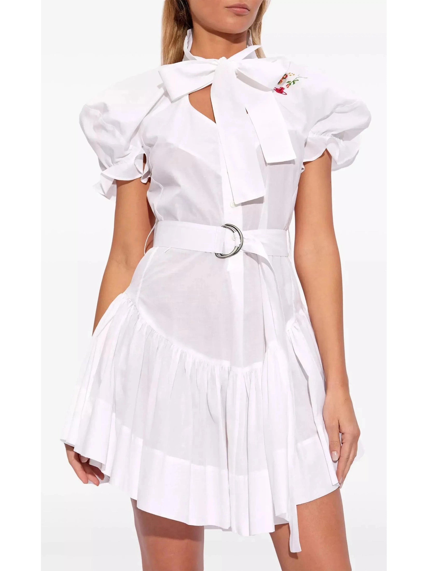 Belted Floral-Embroidered White Cotton Mini Dress Comfortable One-Shoulder Mini Dress Belted Floral-Embroidered White Cotton Mini Dress Comfortable One-Shoulder Mini Dress