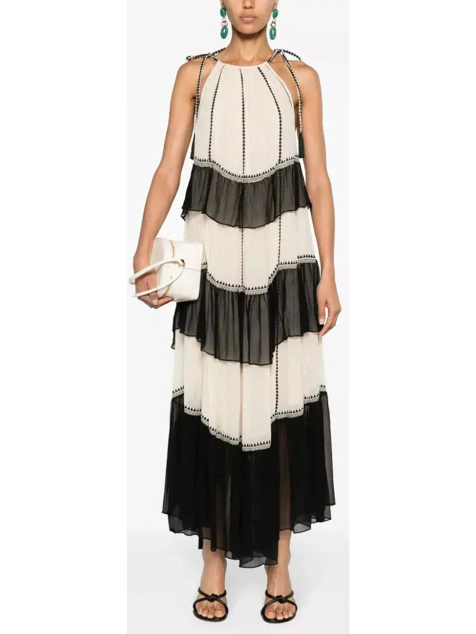 Black and White Ruffled Silk Halter-Neck Midi Dress Comfortable Button Front Midi Dress Black and White Ruffled Silk Halter-Neck Midi Dress Comfortable Button Front Midi Dress