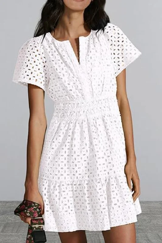 Blue Zone Planet | Eyelet Notched Short Sleeve Mini Dress Comfortable Off-Shoulder Mini Dress Blue Zone Planet | Eyelet Notched Short Sleeve Mini Dress Comfortable Off-Shoulder Mini Dress
