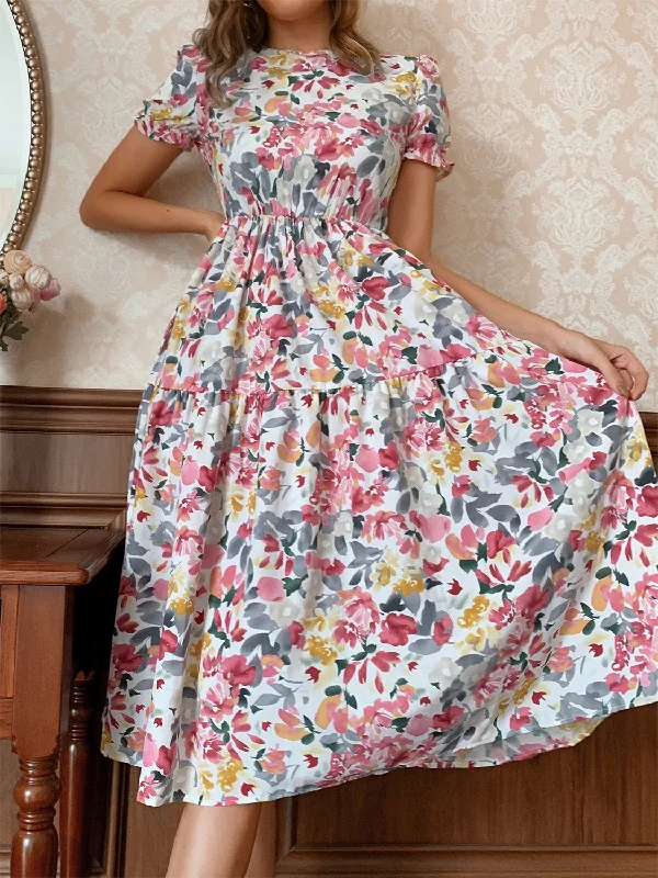 Blue Zone Planet | Floral Round Neck Short Sleeve Midi Dress Stylish Pleated Skirt Midi Dress Blue Zone Planet | Floral Round Neck Short Sleeve Midi Dress Stylish Pleated Skirt Midi Dress
