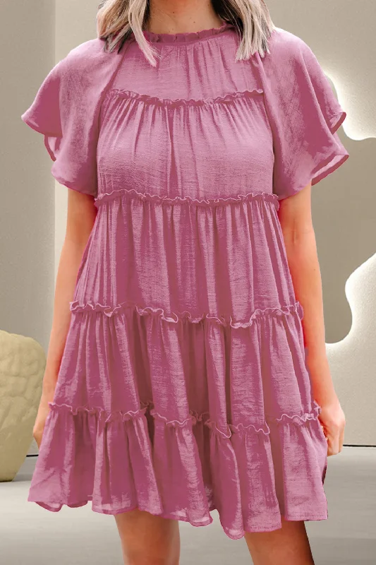 Blue Zone Planet |  Frill Round Neck Short Sleeve Mini Dress Cozy Cotton Mini Dress