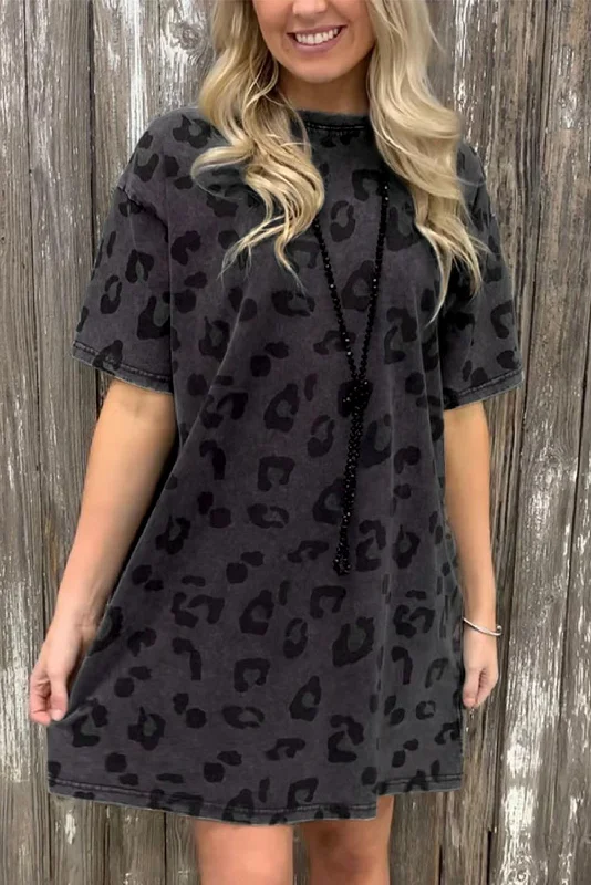 Blue Zone Planet | Gray Vintage Washed Leopard T-Shirt Dress with Pockets Fashionable Trendy Casual Blue Zone Planet | Gray Vintage Washed Leopard T-Shirt Dress with Pockets Fashionable Trendy Casual