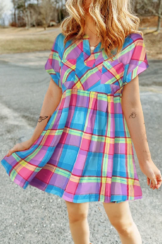 Blue Zone Planet | Light Blue Multicolor Plaid Short Sleeve Babydoll Mini Dress Trendy Mini Dress with Belt Blue Zone Planet | Light Blue Multicolor Plaid Short Sleeve Babydoll Mini Dress Trendy Mini Dress with Belt