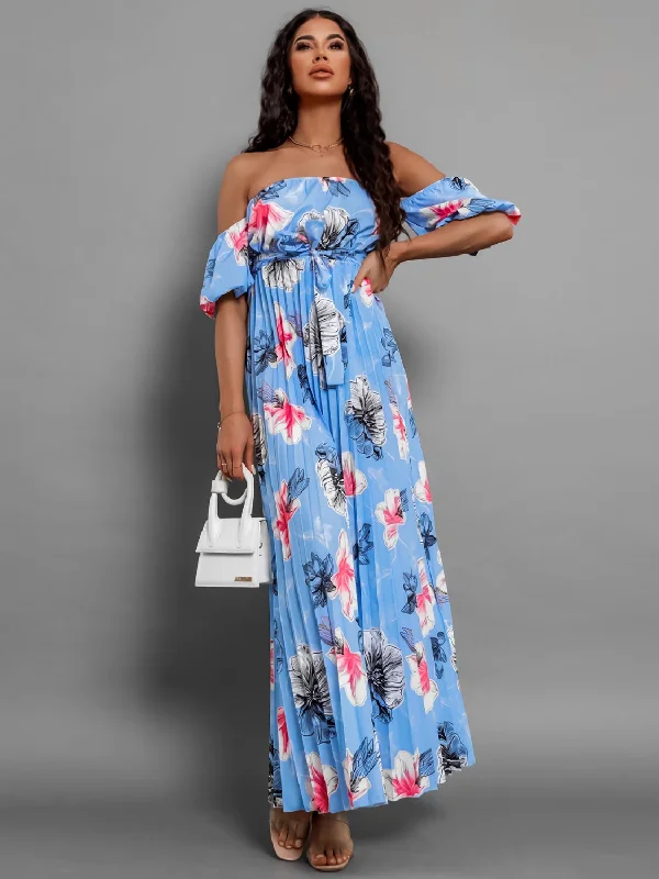 Blue Zone Planet | Pleated Floral Off-Shoulder Short Sleeve Midi Dress Elegant Faux Wrap Midi Dress Blue Zone Planet | Pleated Floral Off-Shoulder Short Sleeve Midi Dress Elegant Faux Wrap Midi Dress