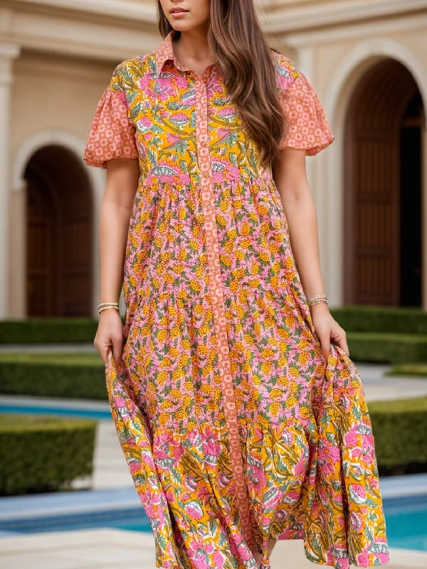 Blue Zone Planet | Printed Collared Neck Short Sleeve Midi Dress Comfortable Empire Waist Midi Dress Blue Zone Planet | Printed Collared Neck Short Sleeve Midi Dress Comfortable Empire Waist Midi Dress