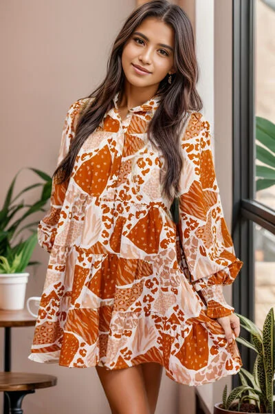 Blue Zone Planet | Printed Tiered Half Button Lantern Sleeve Mini Dress Trendy Crossover Mini Dress Blue Zone Planet | Printed Tiered Half Button Lantern Sleeve Mini Dress Trendy Crossover Mini Dress