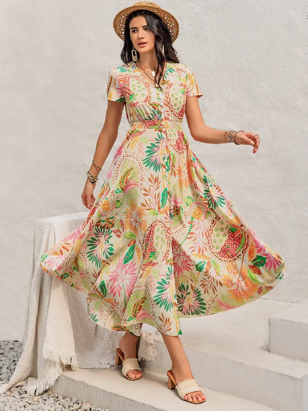 Blue Zone Planet | Printed V-Neck Short Sleeve Midi Dress Elegant Faux Wrap Midi Dress Blue Zone Planet | Printed V-Neck Short Sleeve Midi Dress Elegant Faux Wrap Midi Dress