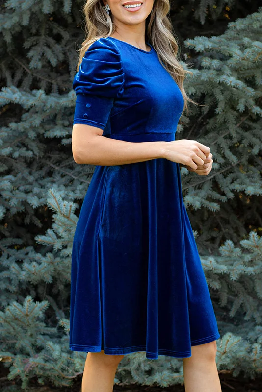 Blue Zone Planet | Sail Blue Velvet Ruched Short Sleeve Pocketed Mini Dress Chic Puff Sleeve Mini Dress Blue Zone Planet | Sail Blue Velvet Ruched Short Sleeve Pocketed Mini Dress Chic Puff Sleeve Mini Dress