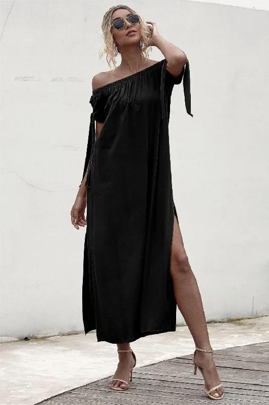 Blue Zone Planet | Slit Off Shoulder Short Sleeve Midi Dress Elegant Velvet Midi Dress Blue Zone Planet | Slit Off Shoulder Short Sleeve Midi Dress Elegant Velvet Midi Dress