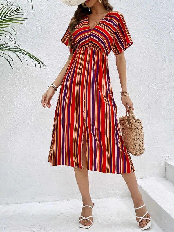 Blue Zone Planet | Slit Striped V-Neck Short Sleeve Midi Dress Elegant Maxi-Midi Hybrid Dress Blue Zone Planet | Slit Striped V-Neck Short Sleeve Midi Dress Elegant Maxi-Midi Hybrid Dress