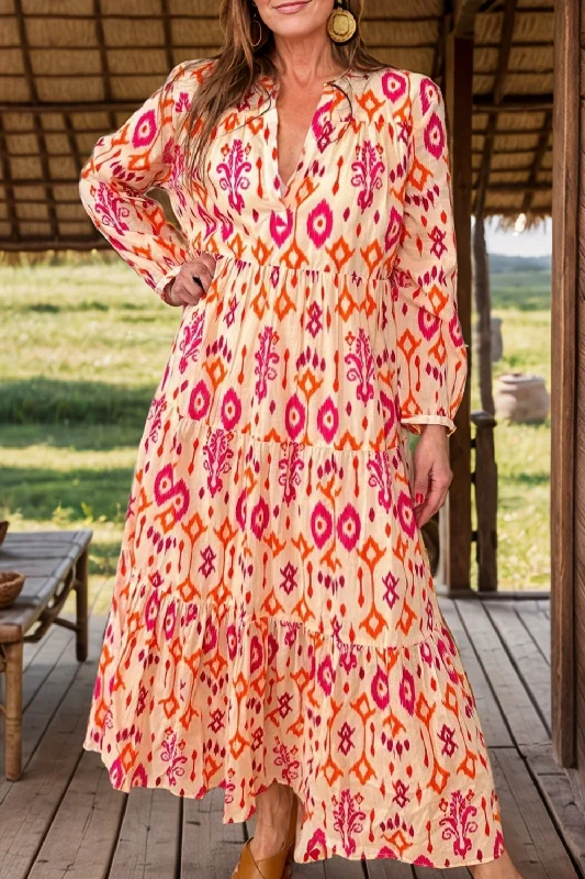 Blue Zone Planet | Tiered Printed Notched Long Sleeve Midi Dress Fashionable Chiffon Midi Dress Blue Zone Planet | Tiered Printed Notched Long Sleeve Midi Dress Fashionable Chiffon Midi Dress