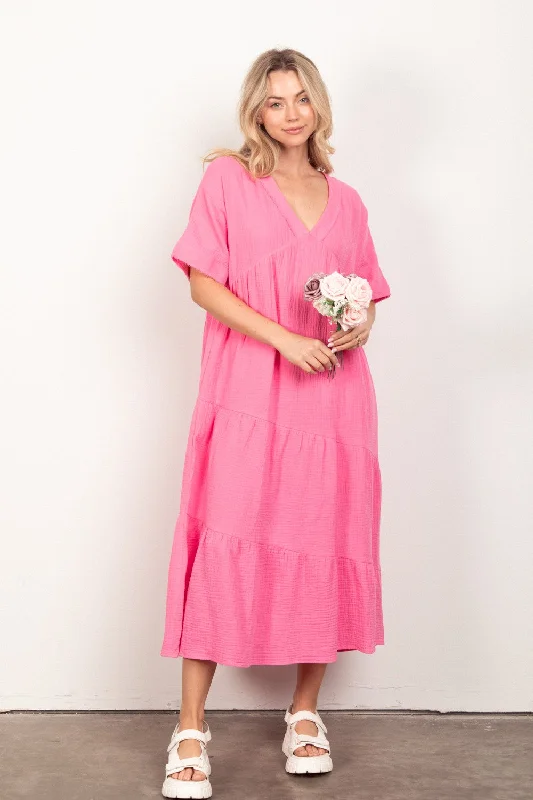 Blue Zone Planet | VERY J Soft Crinkle Gauze Short Sleeve Midi Dress Stylish Halter Neck Midi Dress Blue Zone Planet | VERY J Soft Crinkle Gauze Short Sleeve Midi Dress Stylish Halter Neck Midi Dress
