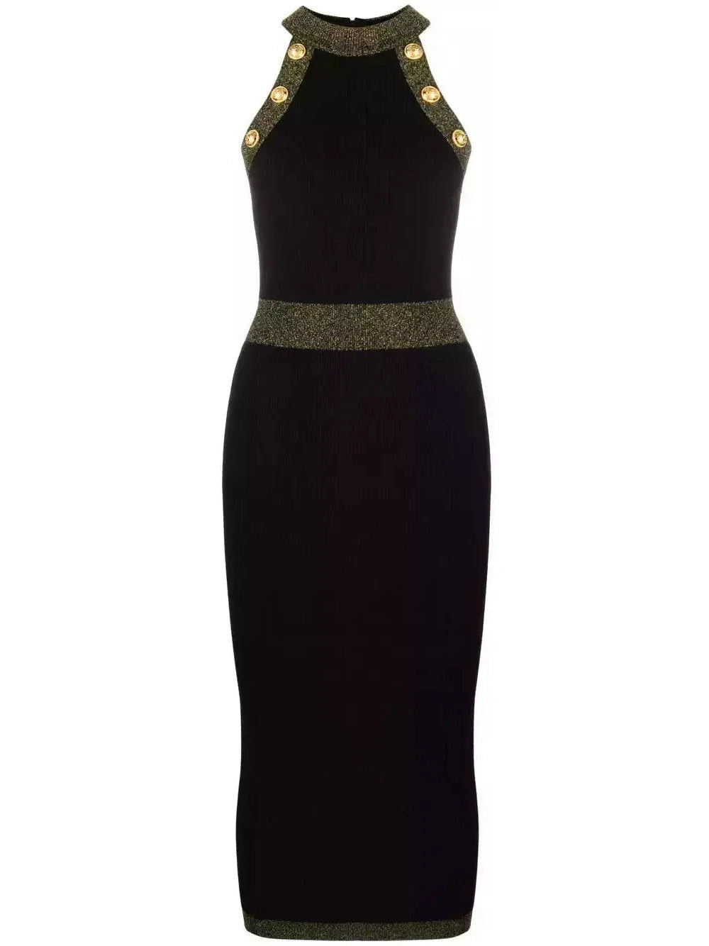 Button-Detailed Halter-Neck Knitted Midi Dress, Black Stylish Satin Midi Dress