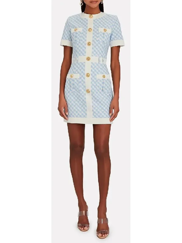 Buttoned Gingham Mini Dress Elegant Floral-Print Mini Dress