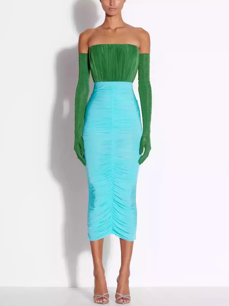 Color-Contrast Strapless Ruched Midi Dress with Long Gloves Trendy Tiered Hem Midi Dress Color-Contrast Strapless Ruched Midi Dress with Long Gloves Trendy Tiered Hem Midi Dress