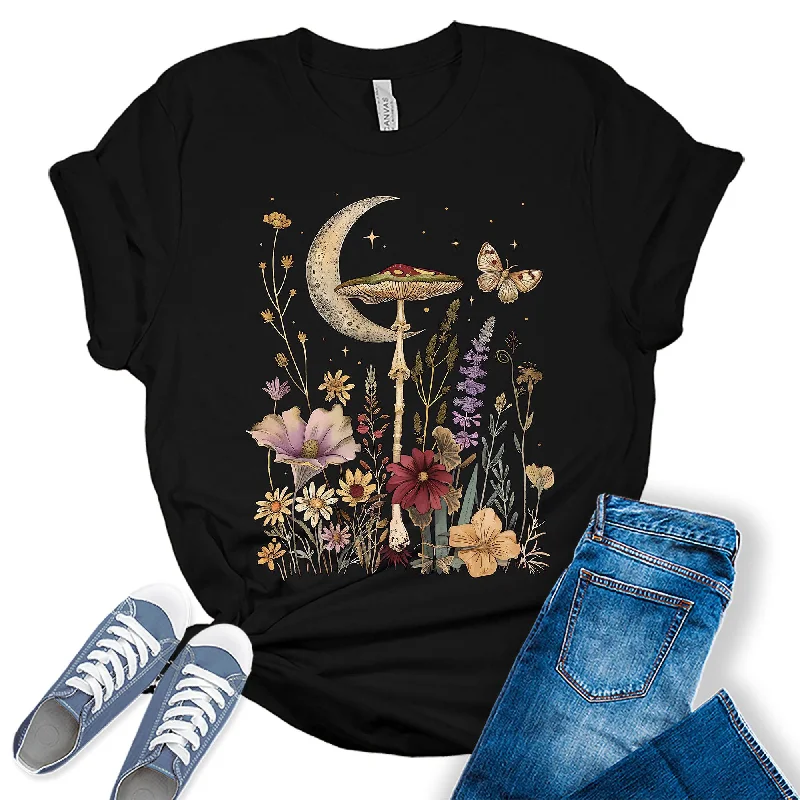 Cottagecore Aesthetic Floral Crescent Moon Flowers Graphic Tees for Women Collared T-Shirt Boat Neck A-Line Cottagecore Aesthetic Floral Crescent Moon Flowers Graphic Tees for Women Collared T-Shirt Boat Neck A-Line