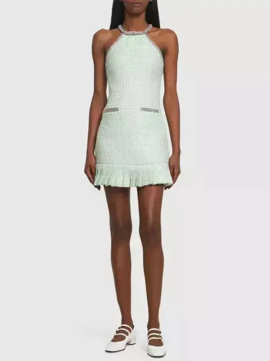 Crystal Halter-Neck Embellished Mint Green Boucle Mini Dress Classic Solid Mini Dress Crystal Halter-Neck Embellished Mint Green Boucle Mini Dress Classic Solid Mini Dress
