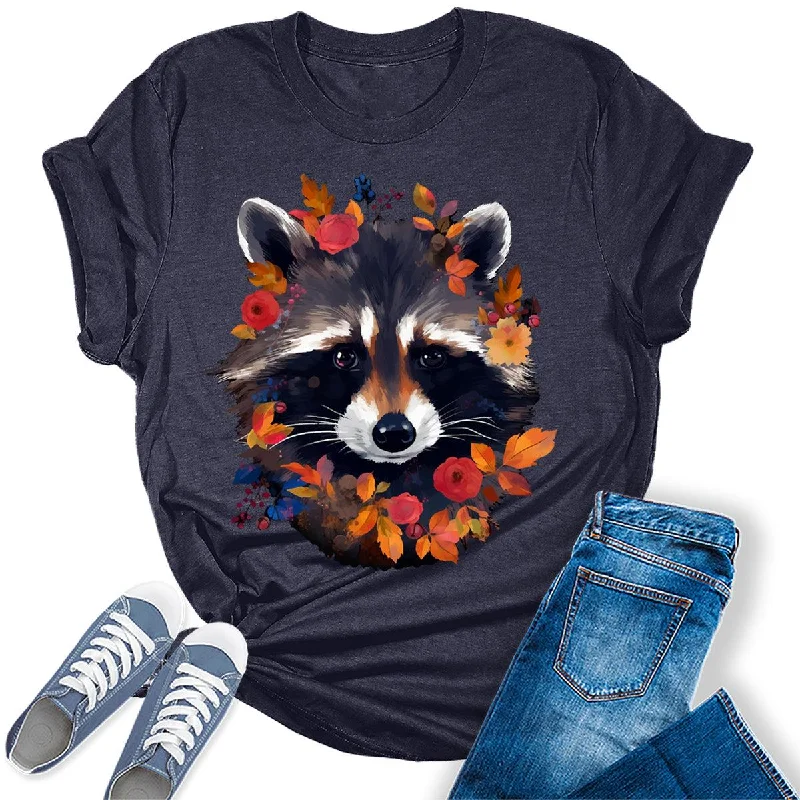 Fall Raccoon Face Flowers Graphic Tees For Women Cashmere Blend Cotton Blend Poly Blend Fall Raccoon Face Flowers Graphic Tees For Women Cashmere Blend Cotton Blend Poly Blend