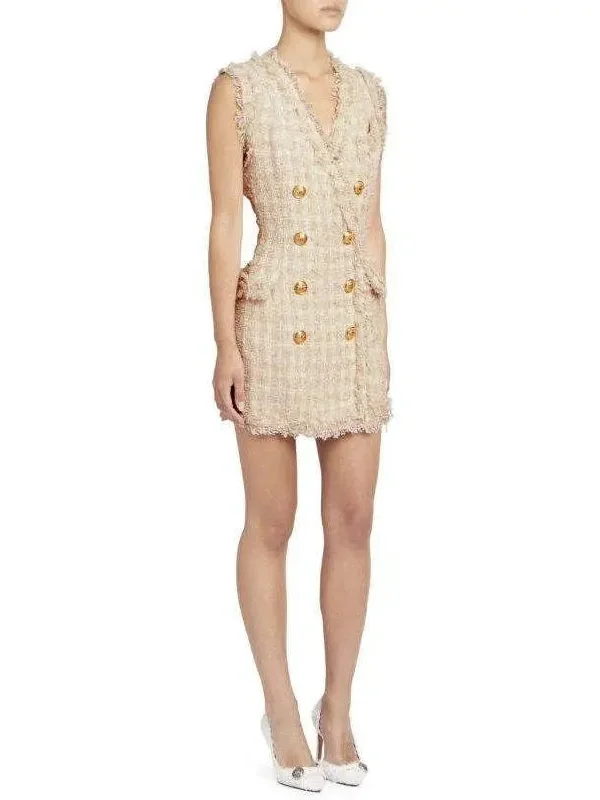 Fringed Tweed Double-Breasted Mini Dress Comfortable Bodycon Mini Dress