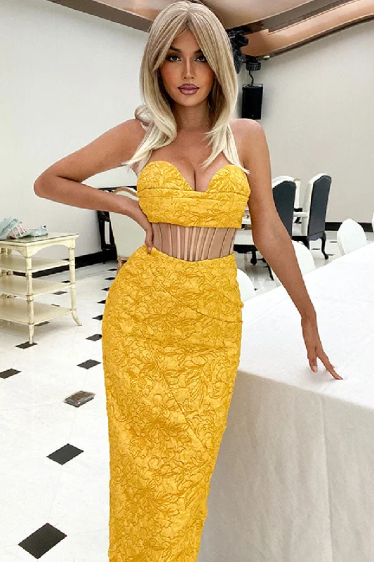Glamorous Floral Jacquard Strapless Corset Cocktail Midi Dress - Yellow Trendy Smocked Detail Midi Dress Glamorous Floral Jacquard Strapless Corset Cocktail Midi Dress - Yellow Trendy Smocked Detail Midi Dress