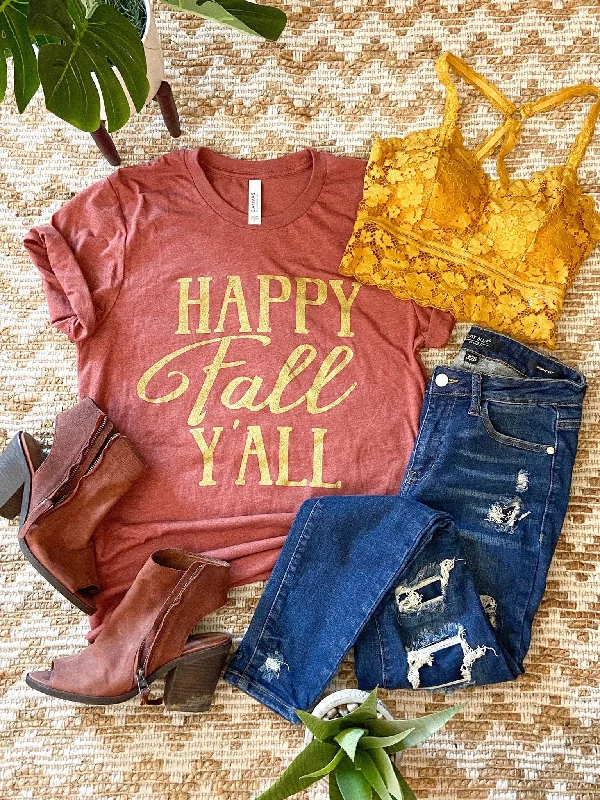 Happy Fall Y'all Metallic Gold Lettering Graphic Tee Anti-Pilling Machine Wash Handmade Happy Fall Y'all Metallic Gold Lettering Graphic Tee Anti-Pilling Machine Wash Handmade