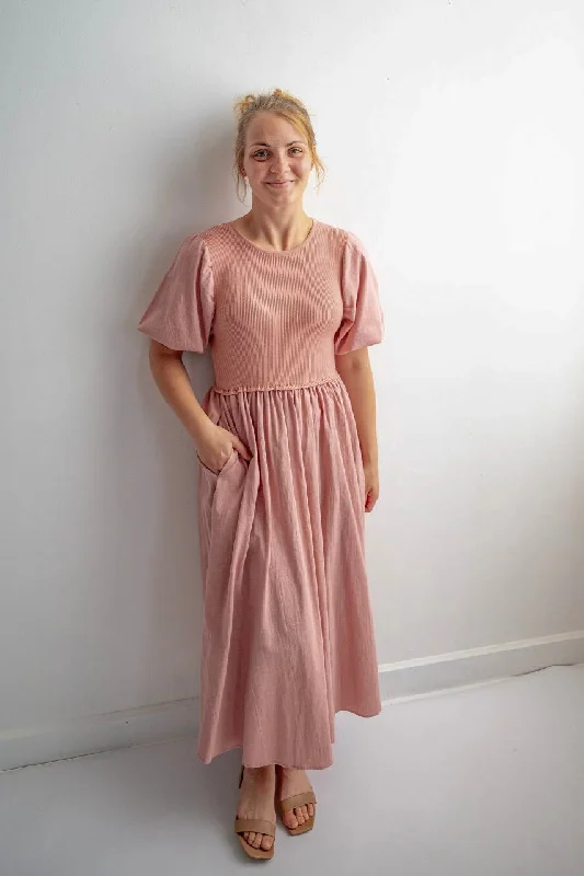Terra Cotton Midi Dress in Dusty Peach - Final Sale Elegant Pleated Detail Midi Dress Terra Cotton Midi Dress in Dusty Peach - Final Sale Elegant Pleated Detail Midi Dress
