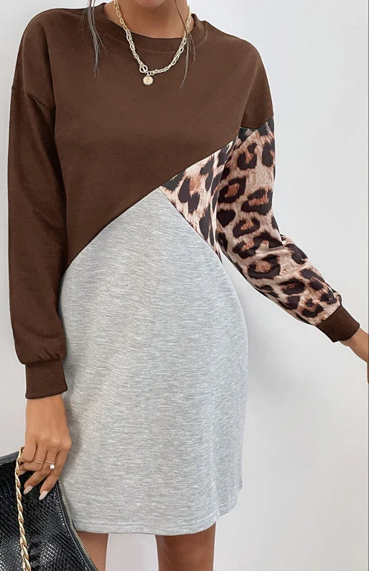 Blue Zone Planet | Ladies Patchwork Crew Neck Long T-Shirt Leopard Print Sweater Dress Collared Crew Neck Turtle Neck Blue Zone Planet | Ladies Patchwork Crew Neck Long T-Shirt Leopard Print Sweater Dress Collared Crew Neck Turtle Neck