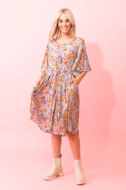 Louise Midi Dress Blue Viscose Floral Stylish Satin Midi Dress
