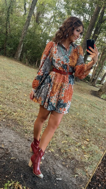 Nellie Patchwork Long Sleeve Mini Dress, Navy Trendy Floral Mini Dress