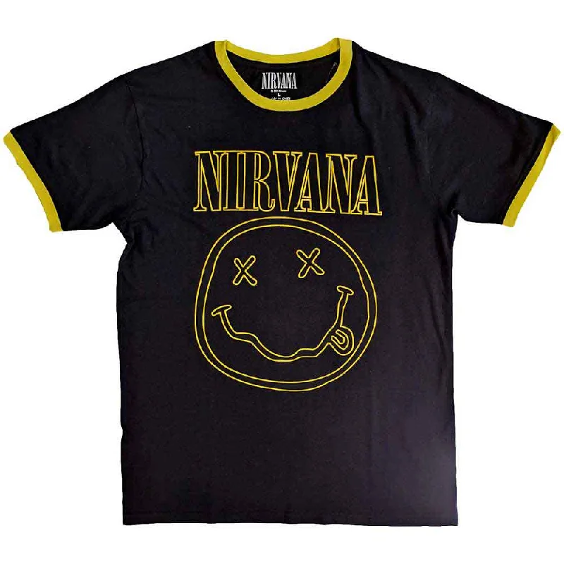 Nirvana | Official Band Ringer T-Shirt | Outline Happy Face Iron Safe Non-Iron Wrinkle Free Nirvana | Official Band Ringer T-Shirt | Outline Happy Face Iron Safe Non-Iron Wrinkle Free
