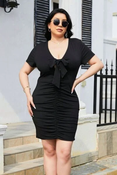 Blue Zone Planet | Plus Size Ruched Tied Short Sleeve Mini Dress Classic Striped Mini Dress Blue Zone Planet | Plus Size Ruched Tied Short Sleeve Mini Dress Classic Striped Mini Dress