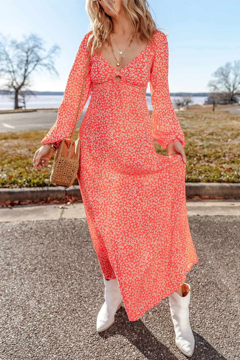 Printed V-Neck Long Sleeve Midi Dress Fashionable One-Shoulder Midi Dress