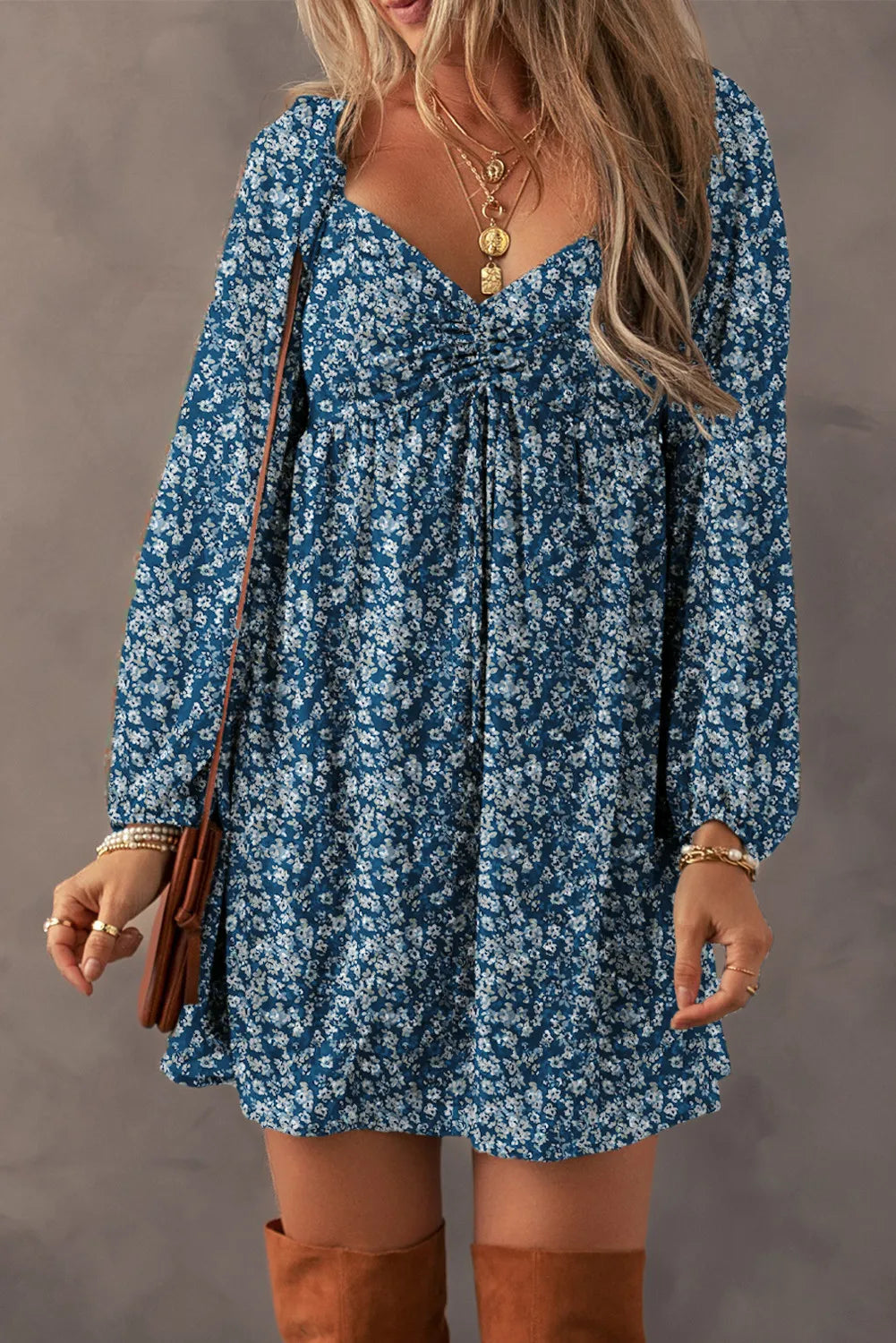 Ruched Printed Long Sleeve Mini Dress Comfortable Shift Mini Dress