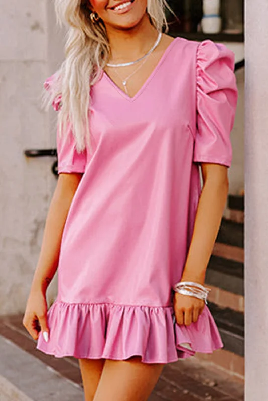 Blue Zone Planet | Sachet Pink Pleather Bubble Short Sleeve V Neck Ruffled Hem Mini Dress Chic Bohemian Mini Dress Blue Zone Planet | Sachet Pink Pleather Bubble Short Sleeve V Neck Ruffled Hem Mini Dress Chic Bohemian Mini Dress