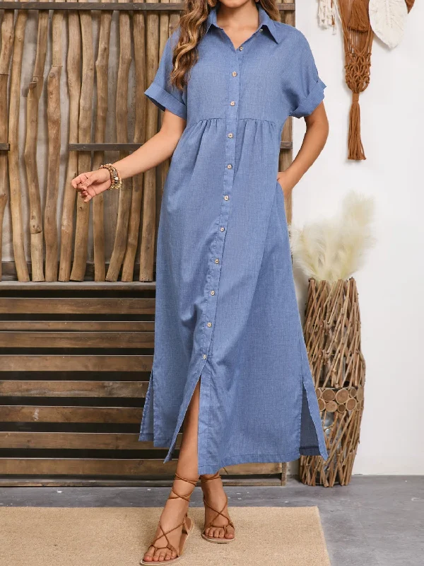 Blue Zone Planet | Slit Collared Neck Short Sleeve Midi Dress Fashionable Pencil Midi Dress Blue Zone Planet | Slit Collared Neck Short Sleeve Midi Dress Fashionable Pencil Midi Dress
