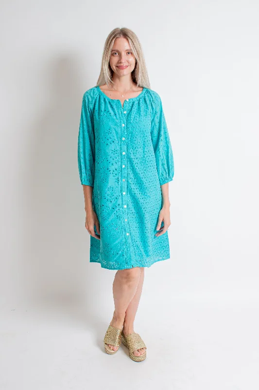 Turquoise Eyelet Midi Dress Fashionable One-Shoulder Midi Dress