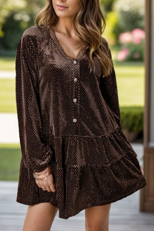Textured V-Neck Long Sleeve Mini Dress Fashionable Denim Mini Dress