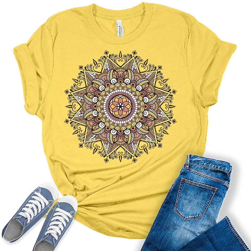 Trendy Mandala Summer Yellow Womens Graphic Tees Graphic T-Shirt Round Neck Polyester Trendy Mandala Summer Yellow Womens Graphic Tees Graphic T-Shirt Round Neck Polyester