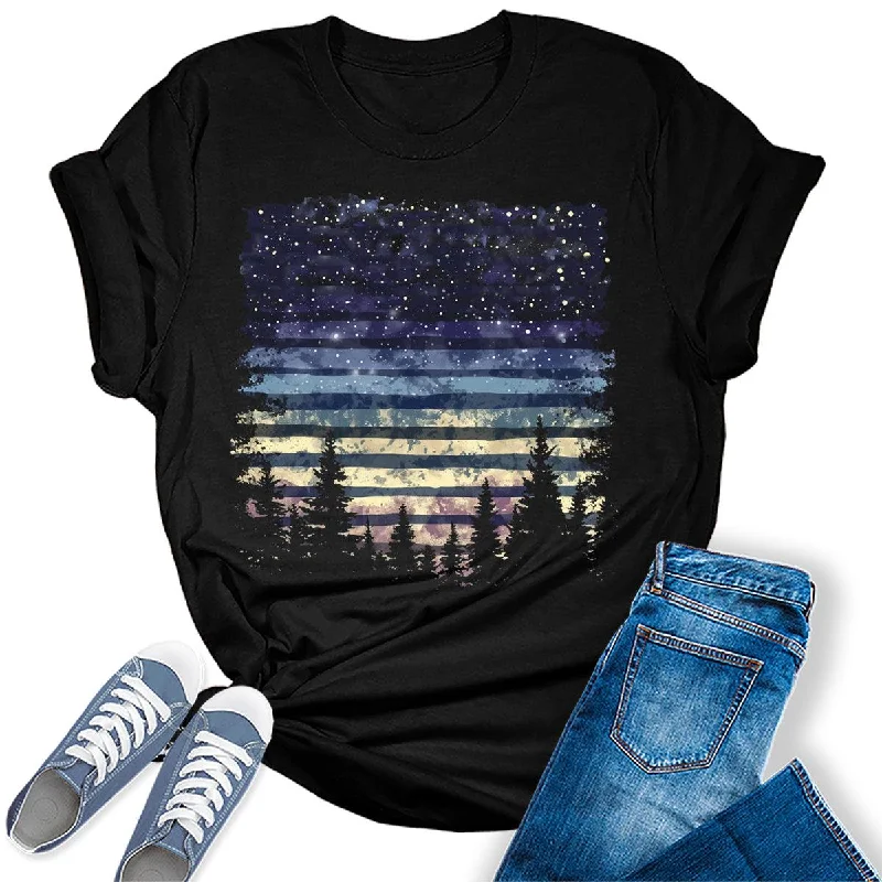 Wild Forest Night Stars Graphic Tees For Women Graphic Embroidered Appliqued