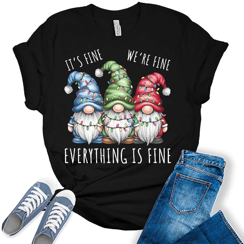Women's I'm Fine We're Fine Everything Is Fine Christmas Gnomes Graphic Tees Wool Fabric Cashmere Fabric Tweed Fabric Women's I'm Fine We're Fine Everything Is Fine Christmas Gnomes Graphic Tees Wool Fabric Cashmere Fabric Tweed Fabric