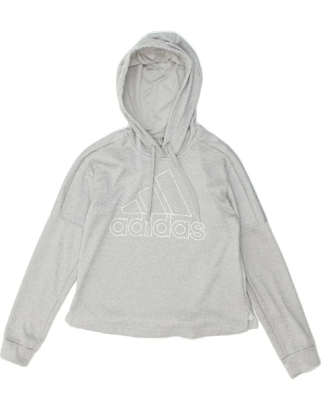 ADIDAS Womens Climawarm Graphic Hoodie Jumper UK 8/10 Small Grey Cotton Hoodie with Hem Embroidery Detailed Premium ADIDAS Womens Climawarm Graphic Hoodie Jumper UK 8/10 Small Grey Cotton Hoodie with Hem Embroidery Detailed Premium