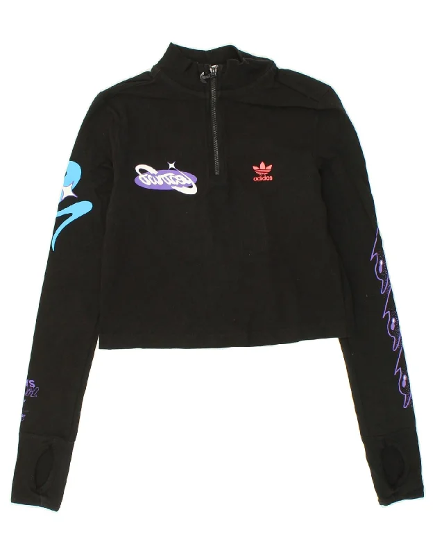 ADIDAS Womens Crop Graphic Sweatshirt Jumper UK 8 Small Black Cotton Hoodie with Hem Contrast Bold Stylish ADIDAS Womens Crop Graphic Sweatshirt Jumper UK 8 Small Black Cotton Hoodie with Hem Contrast Bold Stylish
