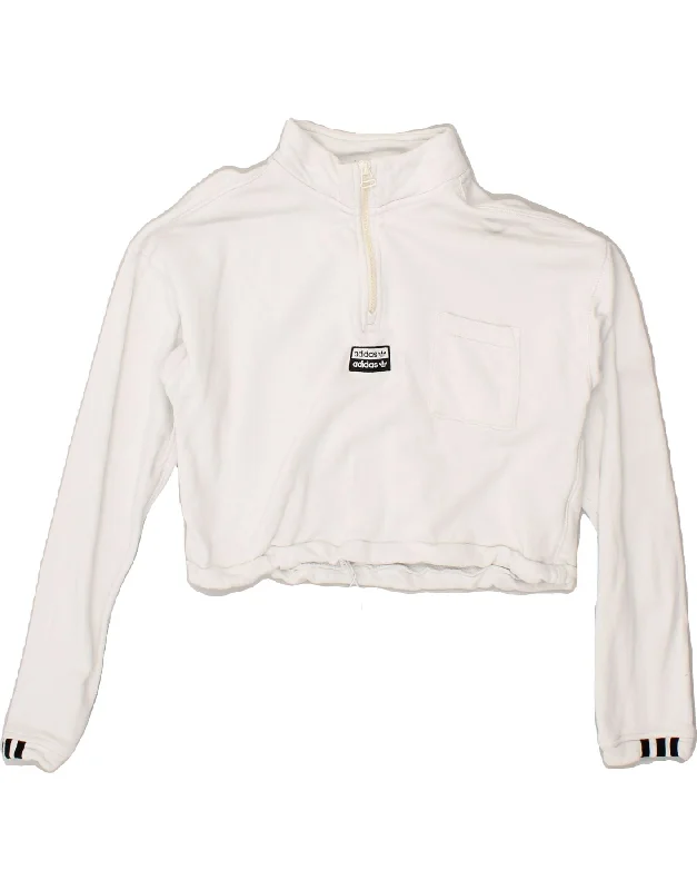 ADIDAS Womens Crop Zip Neck Sweatshirt Jumper UK 14 Large White Cotton Hoodie with Neon Bright Vibrant ADIDAS Womens Crop Zip Neck Sweatshirt Jumper UK 14 Large White Cotton Hoodie with Neon Bright Vibrant